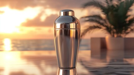 Elegant cocktail shaker on a beach sunset