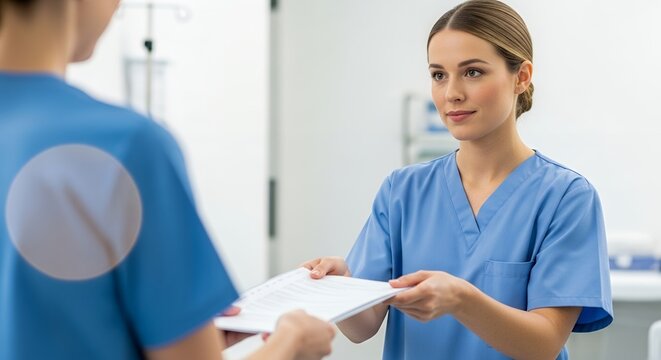 Two Healthcare Workers in Blue Scrubs Exchange Documents in Bright Hospital Environment Professional Medical Staff Collaborate by Handing Over Paperwork in Clinic Setting with Clean White Background