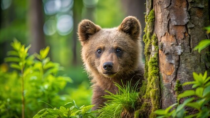 Adorable Brown Bear Cub Hiding Behind Tree, Lush Forest, Springtime, Wildlife, Nature Photography