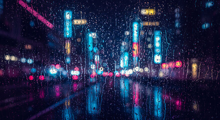 Fototapeta premium Rainy city night with neon lights and reflections