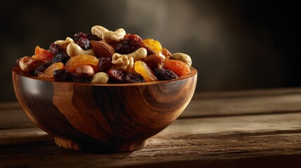 Wooden bowl of mixed nuts and dried fruit