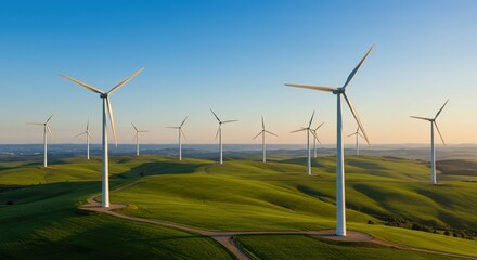 Wind Turbines on Green Hills Under Blue Sky