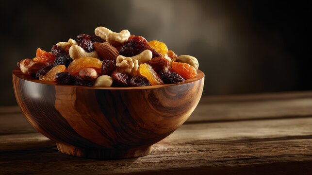 Wooden bowl of mixed nuts and dried fruit