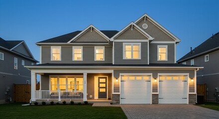 A modern twostory house with a gray exterior, white trim, and a twocar garage, set in a suburban neighborhood during the evening twilight