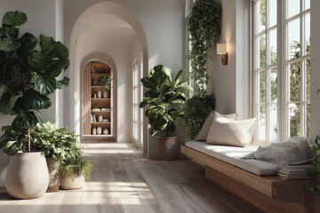 Bright cozy interior with large windows, indoor plants, bench seating, arched hallway, wooden flooring, and natural light, evoking peace, comfort and modern design.