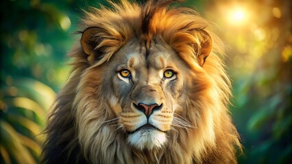 Obraz premium Majestic Male Lion Portrait: Golden Hour Light, Serene Expression, Lush Green Background