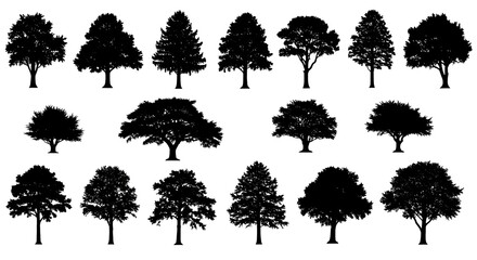 A collection of tree silhouettes, featuring various shapes and sizes, perfect for adding a natural touch to designs and illustrations isolated on white background