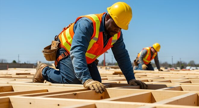 African american man building wooden floor frame at construction site on sunny day. Residential home development concept.