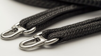 Close-up of dark gray braided straps with metal clasps