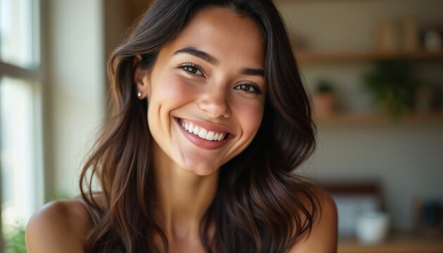 Close-up portrait of young woman with healthy white teeth, joyful smile. Natural beauty enhanced by soft indoor light, subtle makeup. Wears small earrings, long brown hair frames face, exuding