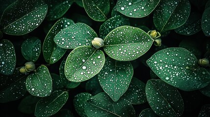 Fototapeta premium Close-up of lush green leaves with water droplets