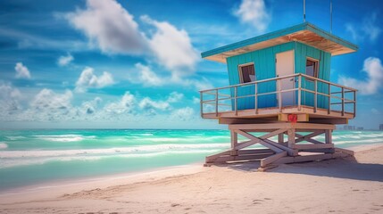 Fototapeta premium a beach with a lifeguard stand, tropical landscape, clear blue sky with fluffy white clouds, golden sand, turquoise water, cinematic mood, highly detailed, photorealistic, 8k, trending on artstation 