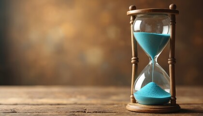 Antique hourglass with bright blue sand on wooden table. Vintage background with soft bokeh lights. Time passing concept, retro design, detailed grain texture, sand flowing through glass.