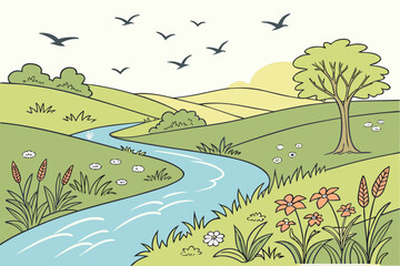 Naklejka premium Green rolling hills with a winding blue river and flying birds