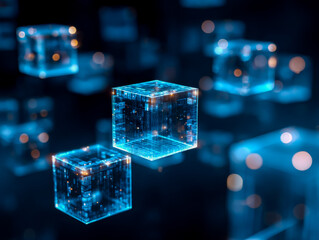 Futuristic digital cubes emitting blue light in a high-tech virtual environment