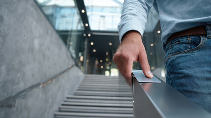 Man holding key card walking up stairs in modern office building, concept of access control, security, business entry and contemporary workplace environment.