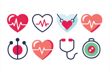 Collection of medical icons including hearts with cardiograms, a stethoscope, and a blood pressure monitor, representing healthcare and wellness, isolated on white background