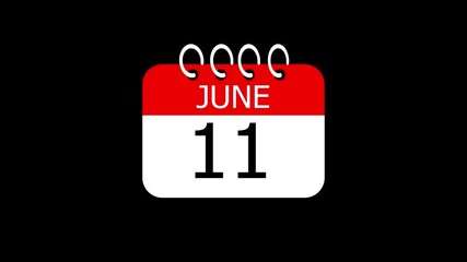day date 11 June concept template calendar page animation concept. Calendar with the date June 11 on a black background. June 11- Daily Calendar Icon in flat design style.