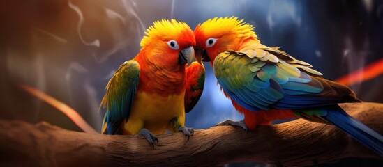 Fototapeta premium two brightly colored birds, closeup, detailed feathers, vivid colors, perched together, loving embrace, stunning lighting, dramatic background, cinematic, digital art 