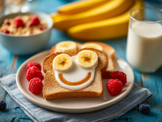 Whimsical breakfast featuring smiling face toast with bananas and fresh berries on a vibrant blue table with a glass of milk and cereal bowl