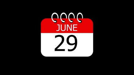 day date 29 June concept template calendar page animation concept. Calendar with the date June 29 on a black background. June 29- Daily Calendar Icon in flat design style.