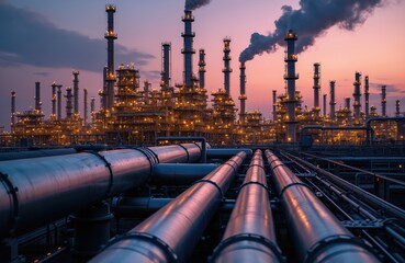 Industrial oil refinery at twilight with pipelines. Facility produces natural gas, fuels. Smoke stacks emit smoke into evening sky. Extensive metal infrastructure, machinery highlight energy