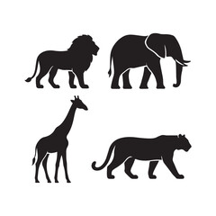 Solid Black Silhouettes of Wild Animals Featuring Lion, Elephant, Giraffe, and Tiger Facing Sideways with Clean Shapes Centered on White Background in Vector Style