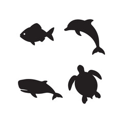Solid Black Vector Animal Silhouettes of Marine Life Featuring Fish, Dolphin, Whale, and Sea Turtle in Simple Shapes, Isolated on White Background