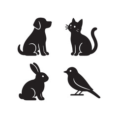 Solid Black Vector Icons of Domestic Animals Featuring Sitting Dog, Curious Cat, Rabbit Side View, and Perched Bird in Simple Cute Silhouettes on White Background