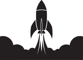 Black silhouette of a rocket launching with smoke and clouds