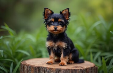 Cute black Russian Toy Terrier puppy sits on tree stump, outdoors. Small dog with fluffy black, tan fur, alert ears, curious eyes. Green foliage background provides copy space. Adorable purebred pet