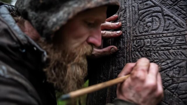 Person carving intricate designs into a tree trunk in a forest.