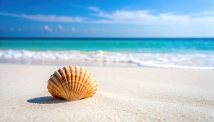 Scallop Shell on Tropical Beach: A close-up view of a beautiful seashell resting on pristine white sand with turquoise ocean waves in the background under a blue sky.
