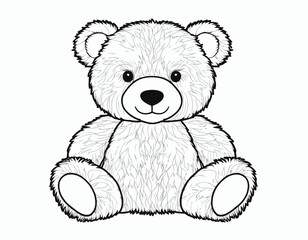 The teddy bear is shown sitting in a symmetrical, forward-facing pose with a friendly smile. The lines are crisp and clear, defining the shape of the bear's body, limbs, and facial features.