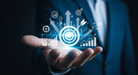 Business person holding futuristic growth and data visualization elements