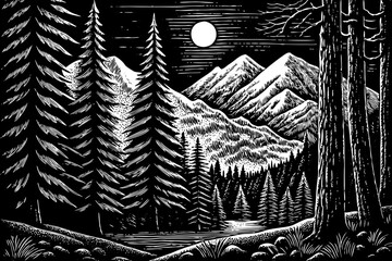 Yosemite National Park at night with pine trees, moon, and snowy peaks, black and white line art illustration