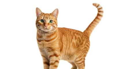 An adult domestic orange tabby cat with vibrant orange fur and emerald green eyes stands calmly in a studio on a transparent background with soft light, concept of pet companionship and domestic