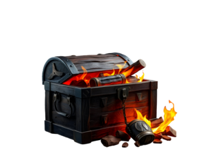 Burning Treasure Chest with Fire and Scrolls