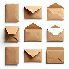 Collection of brown paper envelopes in various states closed, open, with white card inside. Offers multiple angles, craft mail, stationery supplies for business correspondence personal messages.