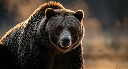Obraz premium A majestic grizzly bear standing in its natural wilderness habitat, backlit by the warm, golden light of sunrise.