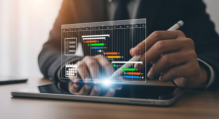 Business professional using a stylus to interact with a holographic project management interface