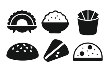 Collection of stylized black and white icons representing various fast food items, including a burger, fries, and cheese, perfect for menus or culinary designs
