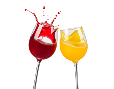 Cheers! Two wine glasses colliding with splashes of red and yellow liquid.