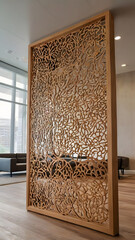 Sophisticated carved wooden room divider creates privacy with artistic flair for modern interiors