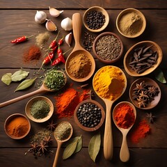 Various spices in wooden spoons and bowls on wooden table.