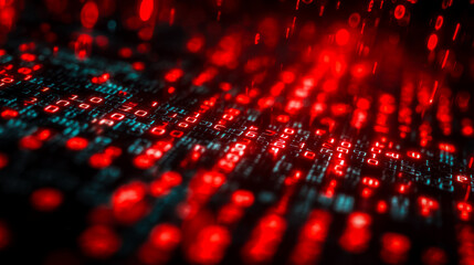 Digital data stream with glowing red and blue code in a high-tech environment