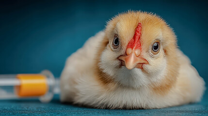 Close up of a small fluffy chick with syringe blurred in the background on blue surface. Animal vaccination and health concept.