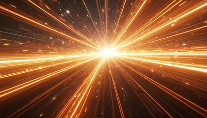 Obraz premium Illustration of hyperspeed travel through glowing orange light streaks and particles. Abstract digital art represents motion, velocity, and futuristic technology with dynamic energy rays and beams.