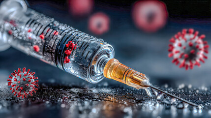 Medical syringe for coronavirus vaccination is laying on surface with water drops and coronavirus cells. Global healthcare concept for fighting virus pandemic.