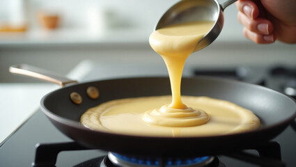 A ladle pouring pancake batter into the pan

